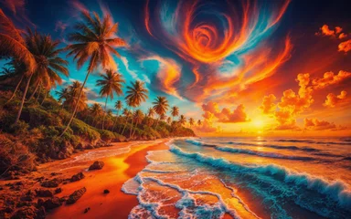 Fotobehang A magical tropical landscape at sunset with a fantastic sky, palm trees decorate the golden sand of the beach, and the sea waves sparkle under the last rays of the sun © Dmytriy
