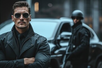 A mysterious man in a black suit and leather jacket stands confidently in front of his sleek car, wearing sunglasses and a rugged beard, exuding an air of street fashion and danger