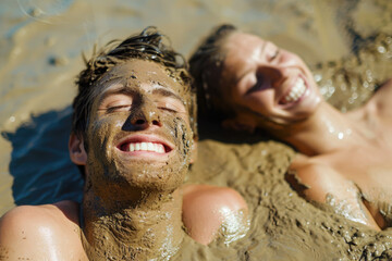 man and a woman enjoying a mud bath, with mud smeared on their faces
