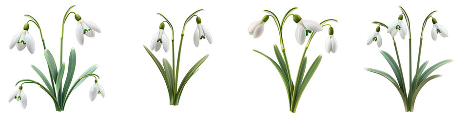 First spring flowers. Snowdrops Hyperrealistic Highly Detailed Isolated On Transparent Background Png File