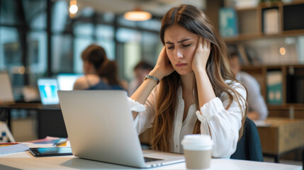 young woman sitting in front of a laptop with her hands on her temples, appearing stressed or frustrated.