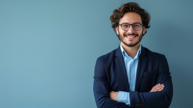 a person with a beaming smile, wearing glasses and a suit, standing with arms crossed against a soft blue background, looking confident and approachable