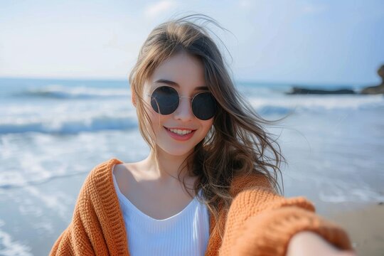 A beaming woman captures the essence of summer in a beach selfie, donning sunglasses and goggles as she smiles against the backdrop of the vast ocean and clear blue sky