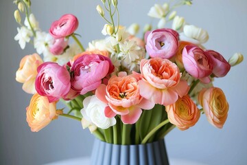 A vibrant arrangement of garden roses and artificial flowers, artfully arranged in a vase, creates a stunning still life centrepiece for any indoor space