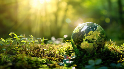 Obraz na płótnie Canvas Environment ecology concept - Green globe in forest with moss