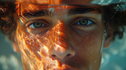 An intense close-up of a young man's face partially submerged in water, with light patterns dancing across his tanned skin and deep blue eyes piercing through the liquid medium
