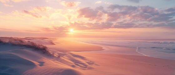 Fototapeta na wymiar Panorama landscape of sand dunes system on beach at sunrise