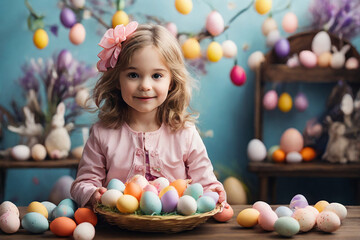 Fototapeta na wymiar Cute little girl holding basket with colorful easter eggs at home