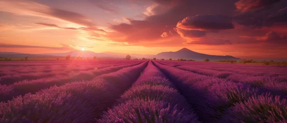 Fototapeten Stunning landscape with lavender field at sunset © Artem