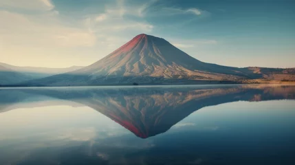 Wall murals Reflection Volcanic mountain in morning light reflected in calm waters of lake