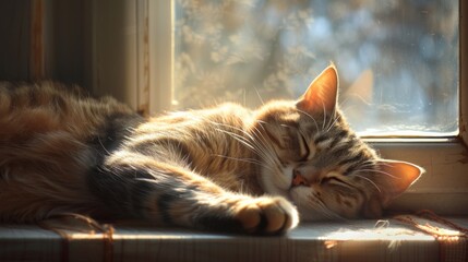 sleek feline sprawled lazily on a sunlit window sill, eyes half-closed in contentment