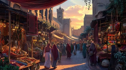 Rolgordijnen The warm glow of sunset bathes a traditional Moroccan market, where locals engage in commerce amid vibrant stalls and goods. Resplendent. © Summit Art Creations