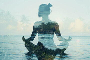 double exposure image of a woman practicing yoga filled with a tranquil beach scene.