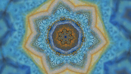 Kaleidoscope background. Paint mix. Floral ink mandala. Yellow blue gold color symmetrical abstract decorative ornament motion in hypnotic illusion art.