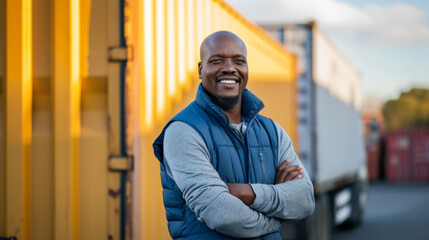 smiling male truck driver with arms crossed standing in front of a large cargo truck and shipping containers