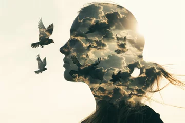 Tuinposter double exposure image of a woman's silhouette filled with a bird flying in the sky. © Formoney