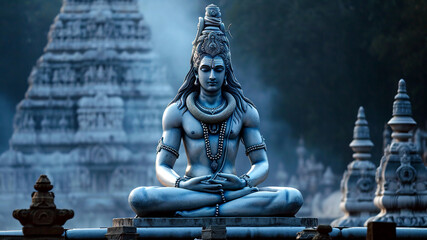 Ancient sculpture of an Indian god sitting in a lotus position and meditating on temple background