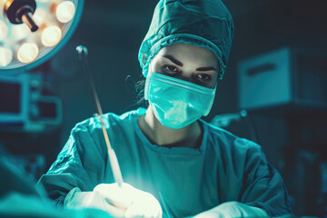doctor performing a surgery in a operating room with a scalpel and a serious look on their face - obrazy, fototapety, plakaty