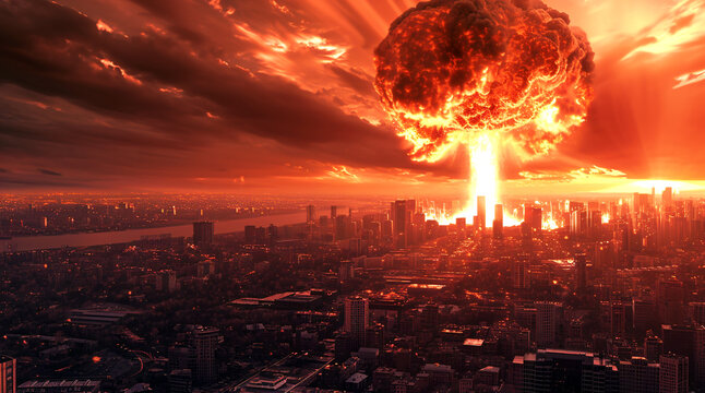 Nuke explosion over a city. Nuclear mushroom cloud in the sky. Danger of the nuclear war concept