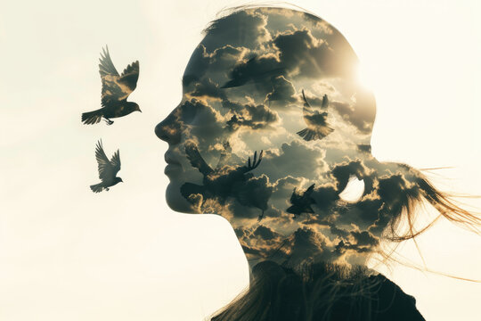 double exposure image of a woman's silhouette filled with a bird flying in the sky.