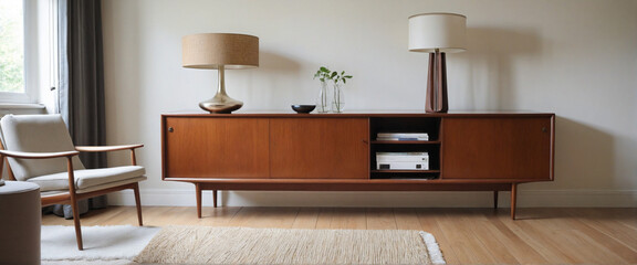 A Danish teak sideboard from the 1960s stands in the living room adorned with a high quality Danish design lamp