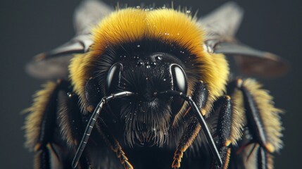 An extreme close-up of a bumblebee collecting pollen, showcasing its fuzzy body and translucent wings