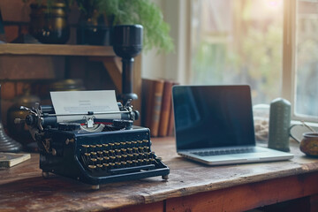 photo of a old and new technology with a typewriter and a laptop