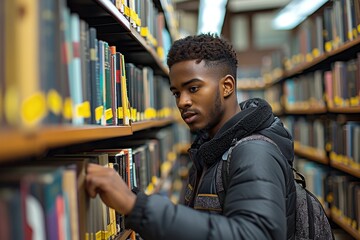 A solitary man, clad in a sleek black jacket, peruses the shelves of a quiet library, lost in the world of books and the promise of knowledge - obrazy, fototapety, plakaty