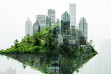Fototapeta premium double exposure image of a green roof and a city skyline.