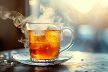 photo of a hot and cold drink with a steam and a ice cube