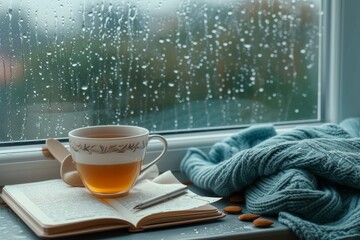 A cozy morning in a winter wonderland, sipping on hot tea from a delicate teacup resting on a book, with a warm sweater draped over the windowsill - obrazy, fototapety, plakaty