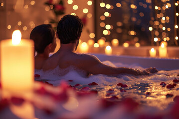 man and a woman enjoying a candlelit bubble bath