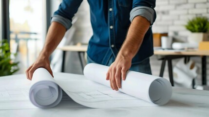 Architect Reviewing Blueprints in Modern Office. Generative ai