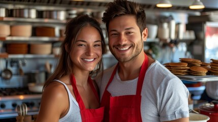Fototapeta na wymiar Beautiful young happy couple in red aprons baking pancakes together in a modern kitchen