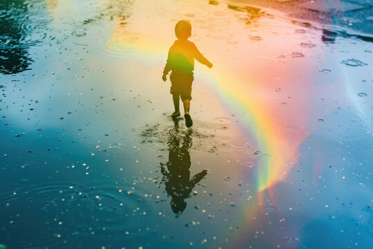 double exposure image of a child's silhouette filled with a vibrant rainbow.