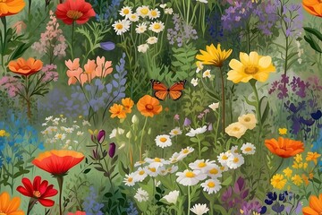 Meadow illustration with lots of colorful spring daisy, dandelions and other flowers. Bright spring and summer banner illustration.