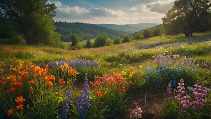 Spring in the mountains. Meadow illustration with lots of colorful spring flowers. Bright spring and summer illustration.
