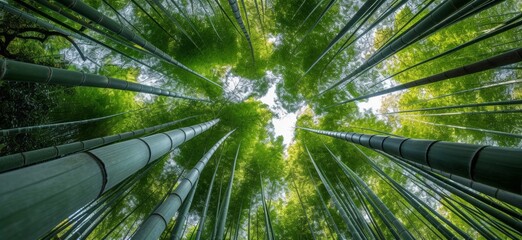 A view from the ground up of a dense bamboo forest with sunlight filtering through the green leaves.