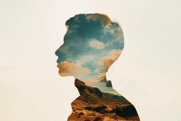 double exposure image of a man's silhouette filled with a desert landscape.