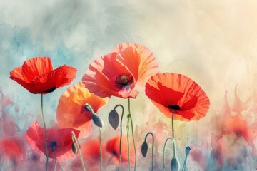 Vibrant red poppies bloom amidst a soft-focus natural backdrop creating a serene and beautiful scene.