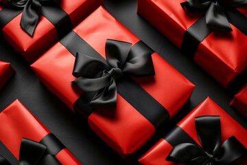 Elegant Red Gift Boxes with Black Ribbons. Generative ai