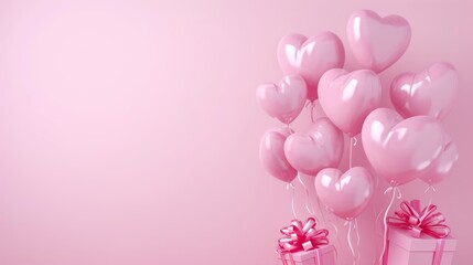 Glossy balloons tied to gifts, spotlighted against a gradient pink background.