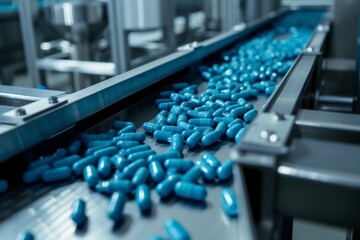 Obraz premium Vibrant blue pills scattered on a conveyor belt in a pharmaceutical factory.
