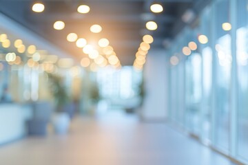 A blurred, brightly lit modern office corridor with glass walls.