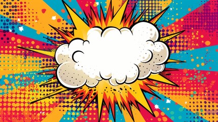 Obraz premium Vivid colorful comic boom explosion artwork in pop art style. Visual dynamism of modern comic book icon for punch word. Comic cloud