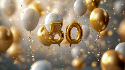 Celebrating 50th Milestone with Golden Balloons and Confetti. Generative ai