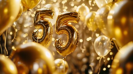 Celebrating 55th Milestone with Golden Balloons and Confetti. Generative ai