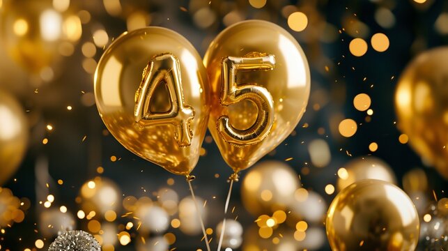 Celebrating 45th Milestone with Golden Balloons and Confetti. Generative ai