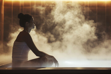 woman sitting in a sauna, with steam rising around her - obrazy, fototapety, plakaty