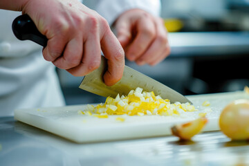 Obraz na płótnie Canvas hands holding a knife and cutting a yellow onion into small pieces.